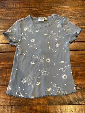 Mighty Fine Blue Ribbed Short Sleeve Tee with White Space Print